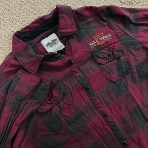 Harley-Davidson Womens Flannel Shirt Large Burgundy Plaid Lace Back Biker Top